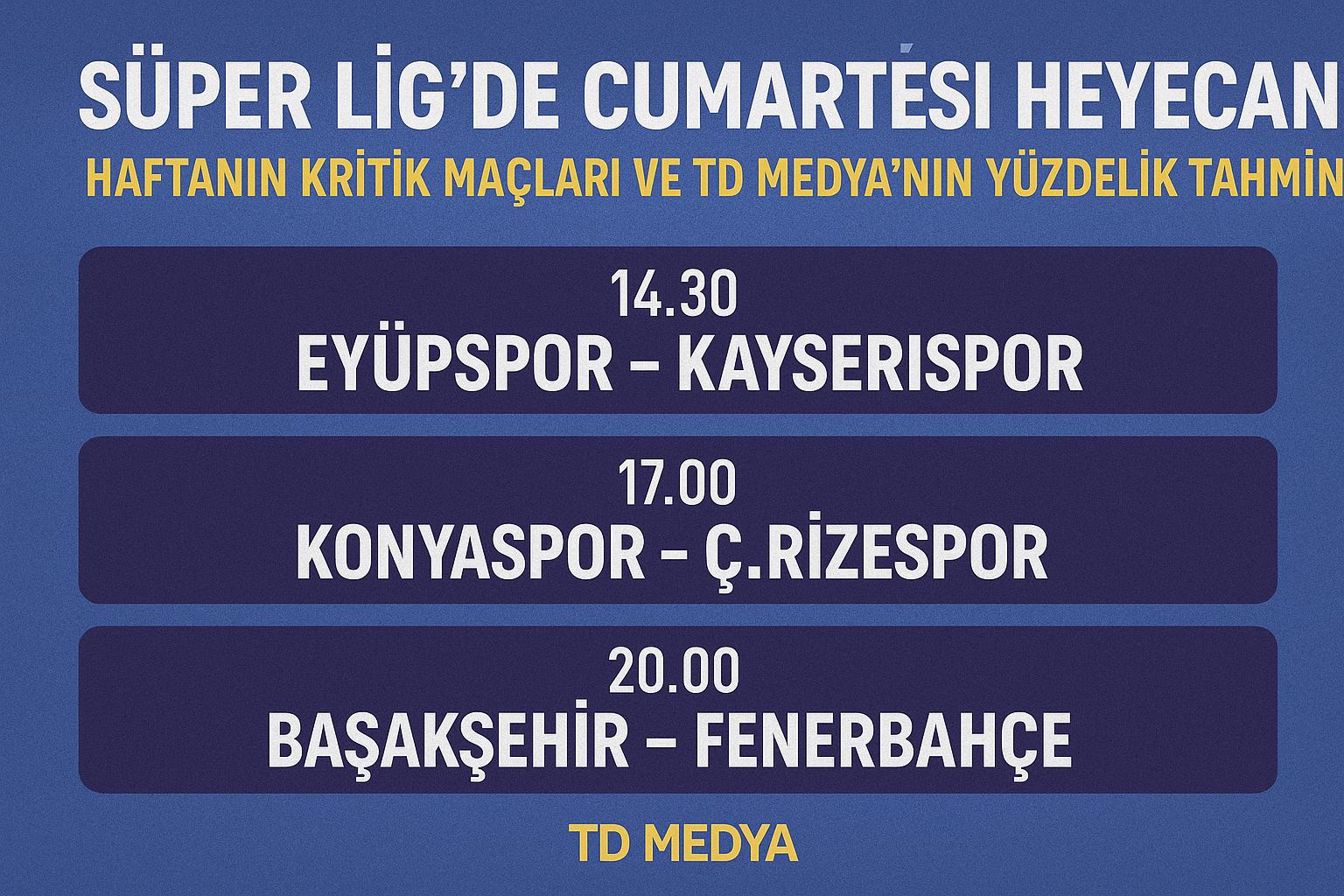 Süper Lig’de Cumartesi Heyecanı: Haftanın Kritik Maçları ve TD Medya’nın Yüzdelik Tahminleri