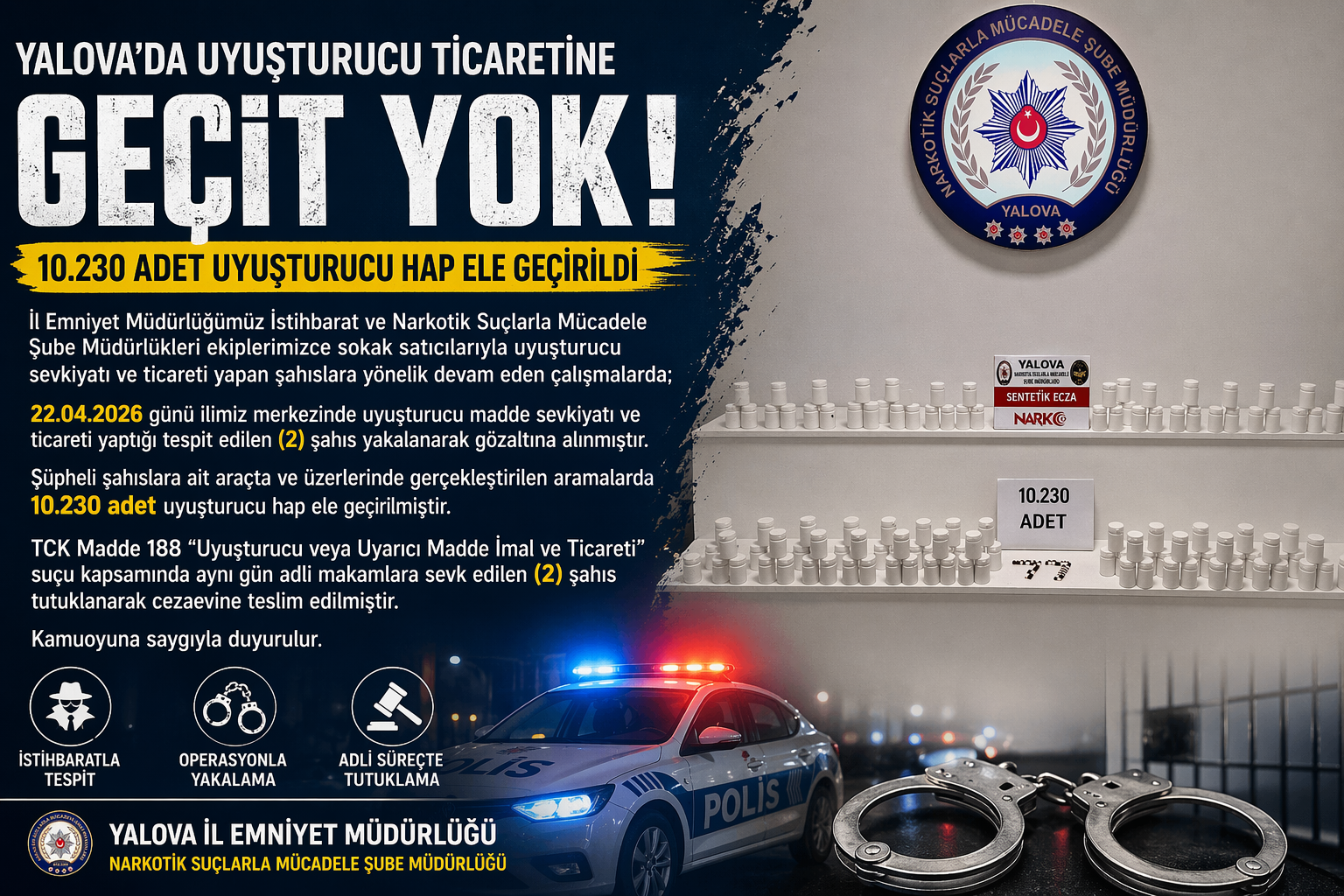Yalova’da Uyuşturucu Operasyonu: 10 Bin 230 Hap Ele Geçirildi